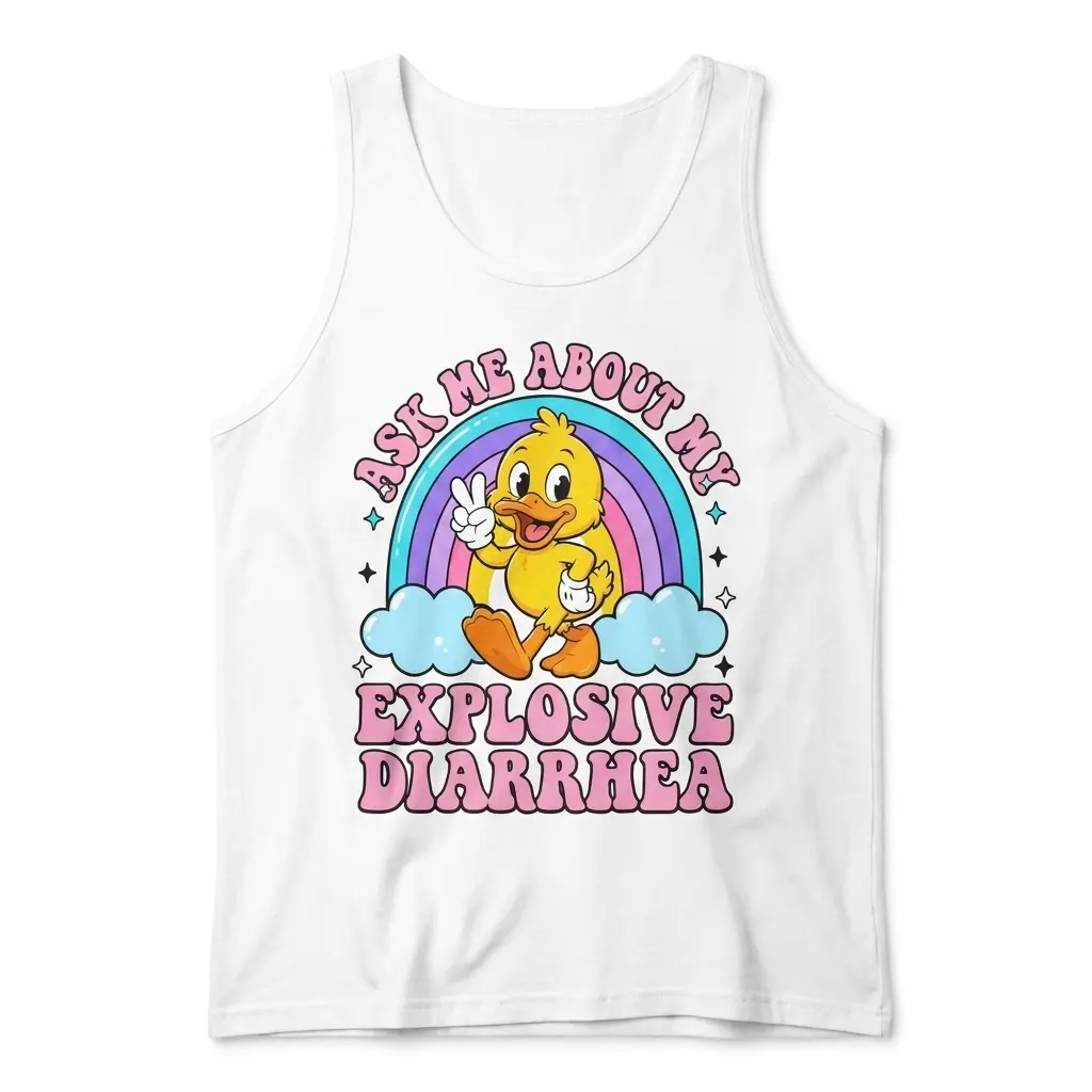 Flat lay view of a tank top featuring the retro Ask Me About My Explosive Diarrhea rainbow duck graphic.