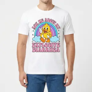 Ask Me About My Explosive Diarrhea Funny Rainbow Duck T-Shirt 9 Front view of a male model wearing the funny rainbow duck Ask Me About My Explosive Diarrhea t-shirt.