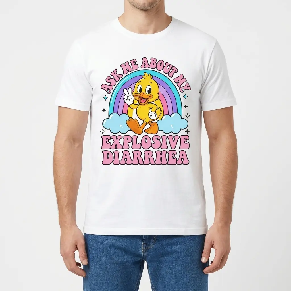 Front view of a male model wearing the funny rainbow duck Ask Me About My Explosive Diarrhea t-shirt.