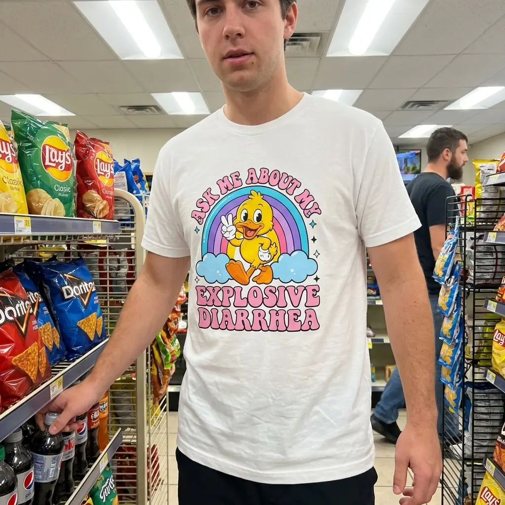 Lifestyle presentation of the funny duck shirt with the colorful rainbow and humorous text design.
