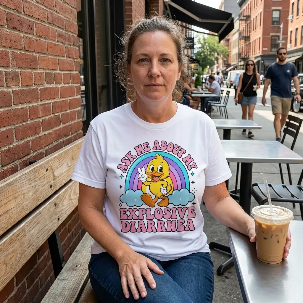 Lifestyle view highlighting the cartoon duck and Ask Me About My Explosive Diarrhea graphic shirt.