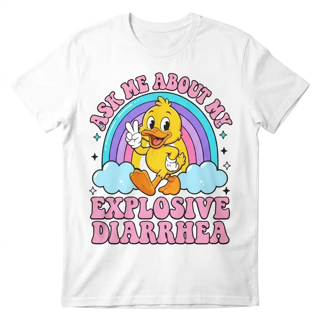 Flat lay of a white t-shirt featuring a cartoon duck and rainbow with Ask Me About My Explosive Diarrhea text.