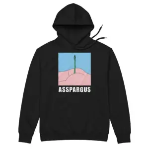 Asspargus Cheeky Vegetable Pun Cartoon Funny T-Shirt 7 Cozy pullover hoodie displaying black tee front print reading ASSPARGUS below a pastel cartoon asparagus pun illustration