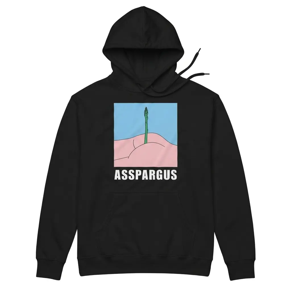 Asspargus Cheeky Vegetable Pun Cartoon Funny T-Shirt 2 Cozy pullover hoodie displaying black tee front print reading ASSPARGUS below a pastel cartoon asparagus pun illustration