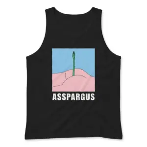 Asspargus Cheeky Vegetable Pun Cartoon Funny T-Shirt 8 Sleeveless casual tank top with black tee front print reading ASSPARGUS below a pastel cartoon asparagus pun illustration