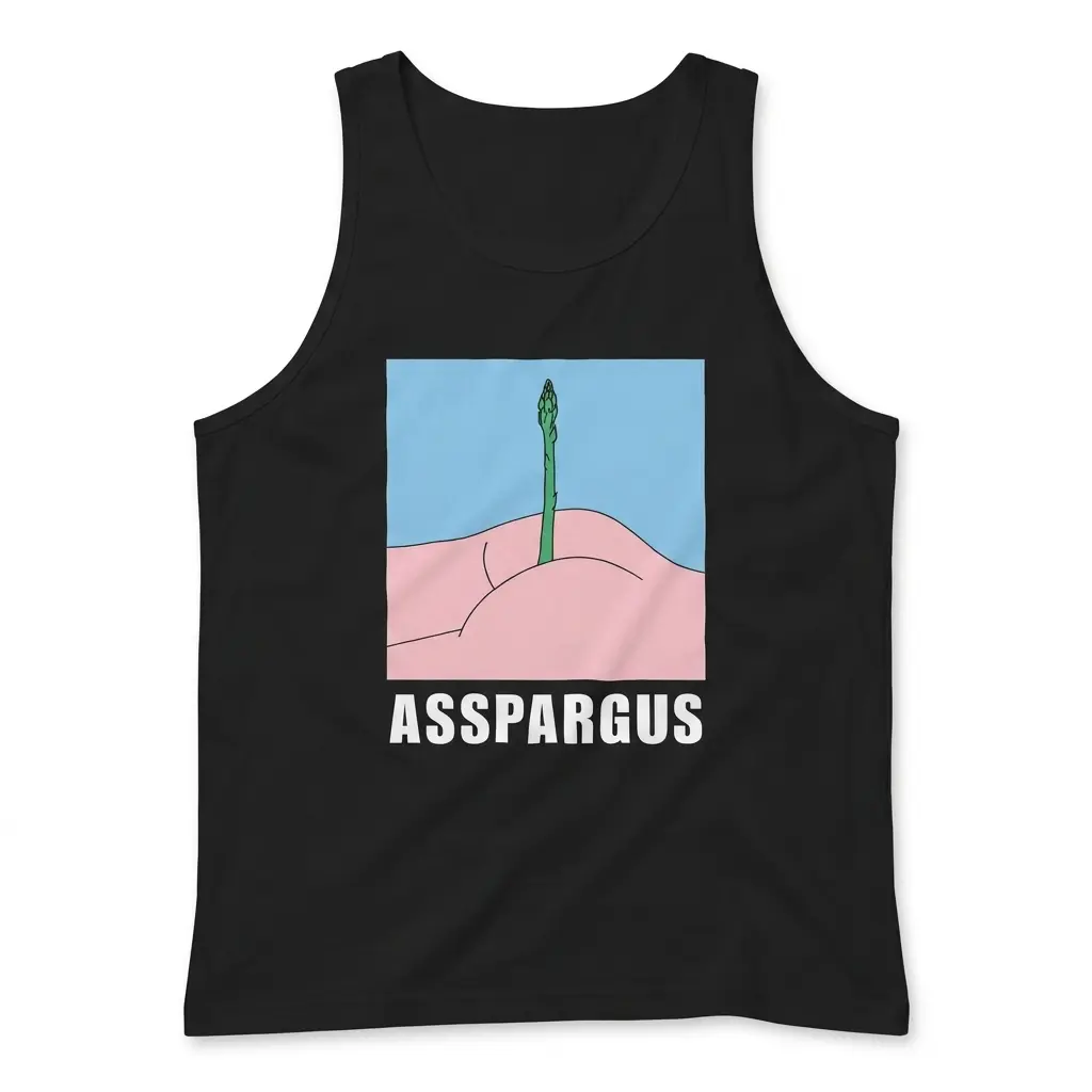 Asspargus Cheeky Vegetable Pun Cartoon Funny T-Shirt 3 Sleeveless casual tank top with black tee front print reading ASSPARGUS below a pastel cartoon asparagus pun illustration