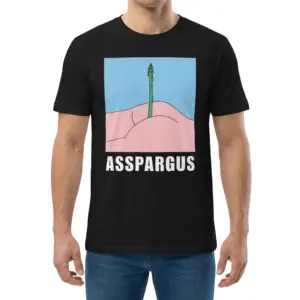 Asspargus Cheeky Vegetable Pun Cartoon Funny T-Shirt 9 Man wearing black graphic tee with black tee front print reading ASSPARGUS below a pastel cartoon asparagus pun illustration