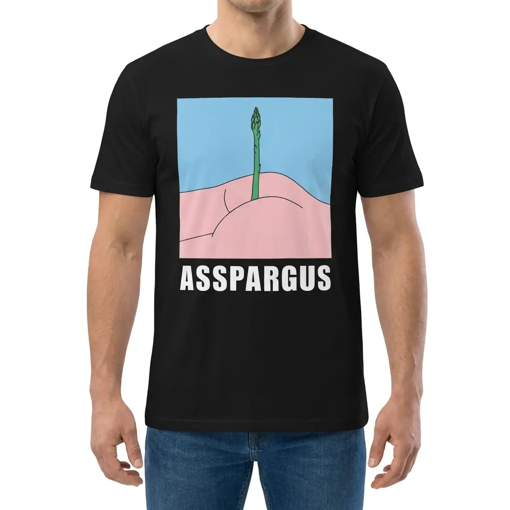 Asspargus Cheeky Vegetable Pun Cartoon Funny T-Shirt 4 Man wearing black graphic tee with black tee front print reading ASSPARGUS below a pastel cartoon asparagus pun illustration