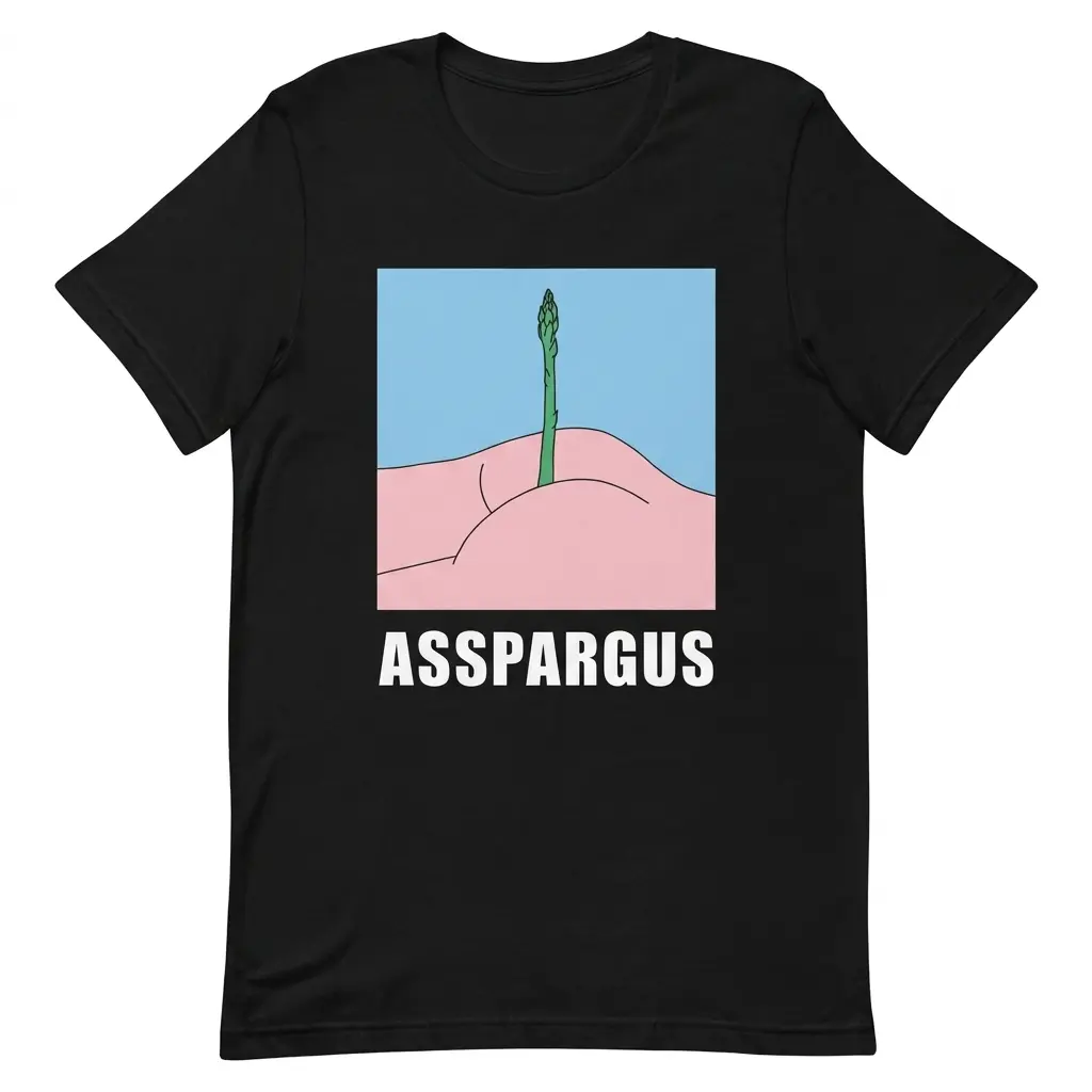 Asspargus Cheeky Vegetable Pun Cartoon Funny T-Shirt 1 Flatlay black t-shirt featuring black tee front print reading ASSPARGUS below a pastel cartoon asparagus pun illustration