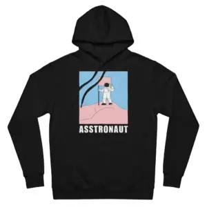 Asstronaut Space Explorer Cheeky Pun Funny T-Shirt 7 Cozy pullover hoodie displaying black tee front print reading ASSTRONAUT below a cartoon astronaut planting a pink flag