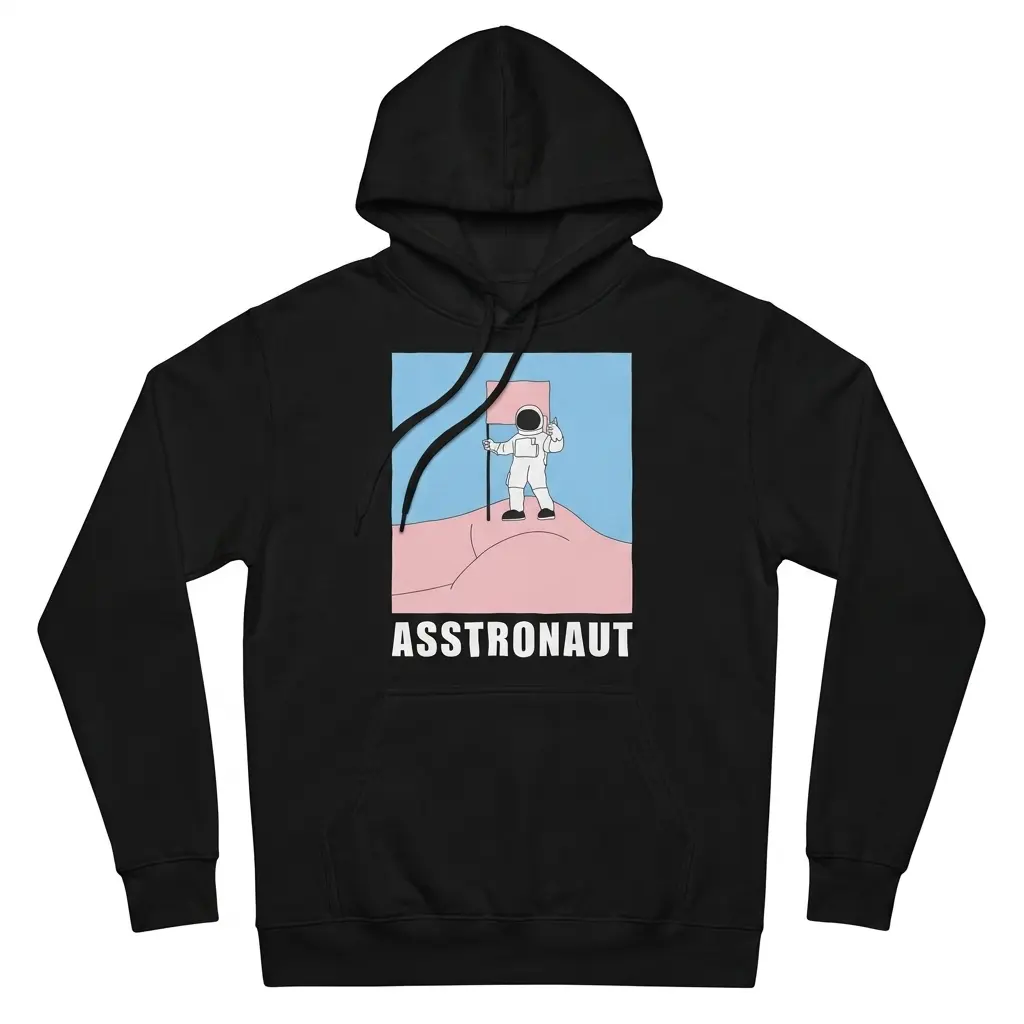Cozy pullover hoodie displaying black tee front print reading ASSTRONAUT below a cartoon astronaut planting a pink flag