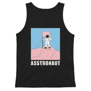 Asstronaut Space Explorer Cheeky Pun Funny T-Shirt 8 Sleeveless casual tank top with black tee front print reading ASSTRONAUT below a cartoon astronaut planting a pink flag