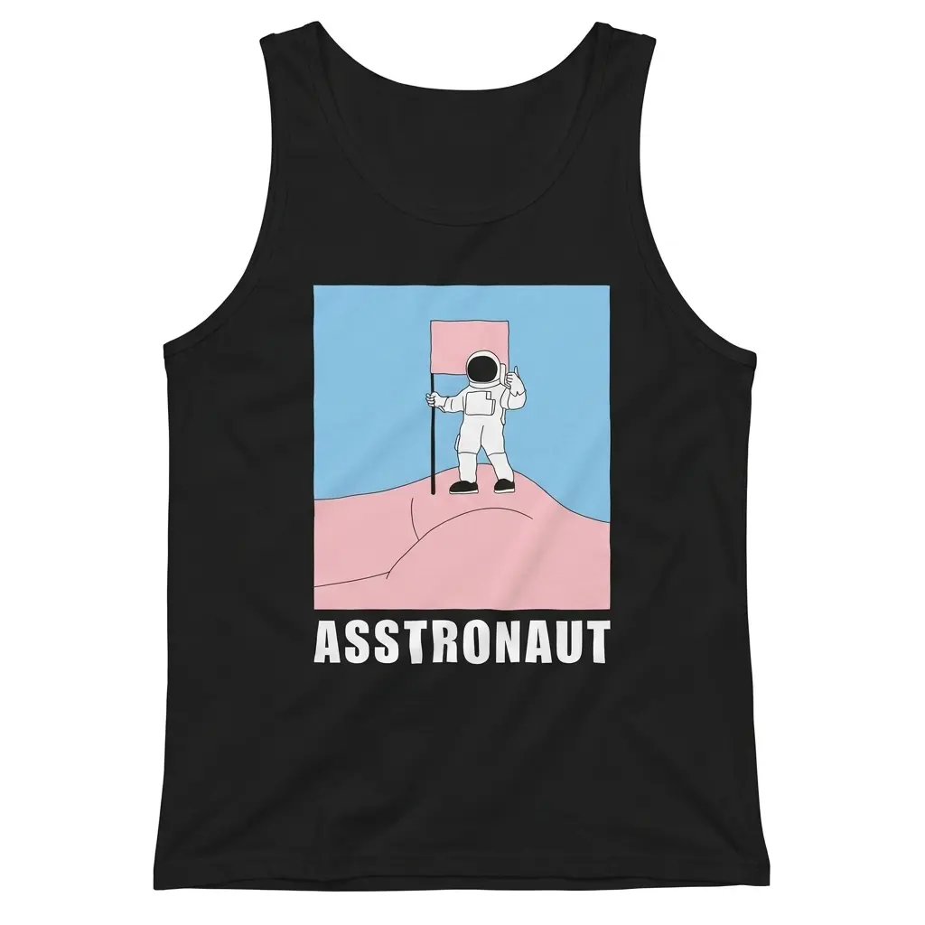 Sleeveless casual tank top with black tee front print reading ASSTRONAUT below a cartoon astronaut planting a pink flag