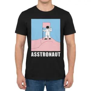 Asstronaut Space Explorer Cheeky Pun Funny T-Shirt 9 Man wearing black graphic tee with black tee front print reading ASSTRONAUT below a cartoon astronaut planting a pink flag