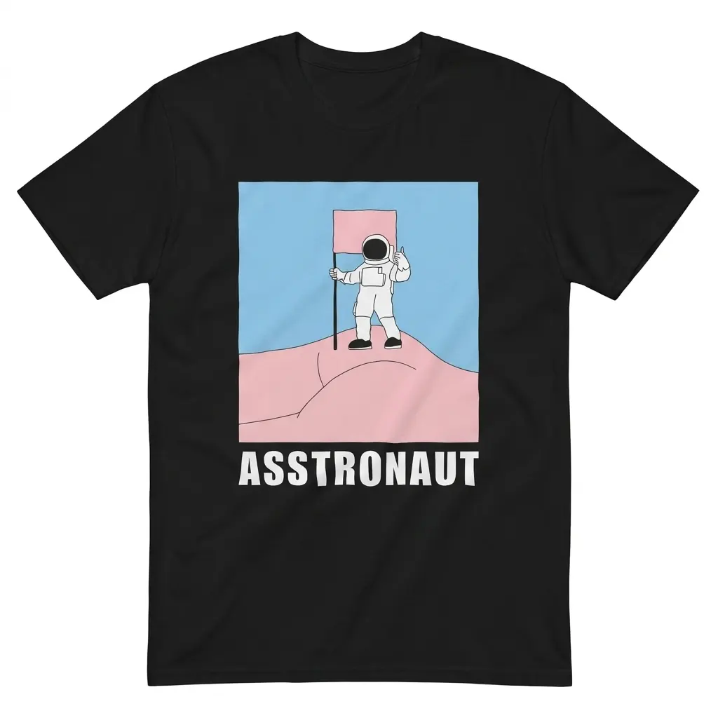 Flatlay black t-shirt featuring black tee front print reading ASSTRONAUT below a cartoon astronaut planting a pink flag