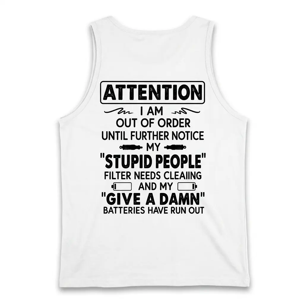 Attention I Am Out Of Order Stupid People Filter T-Shirt 3 White tank top back flatlay printed with the Attention I Am Out Of Order Give A Damn Batteries Have Run Out quote