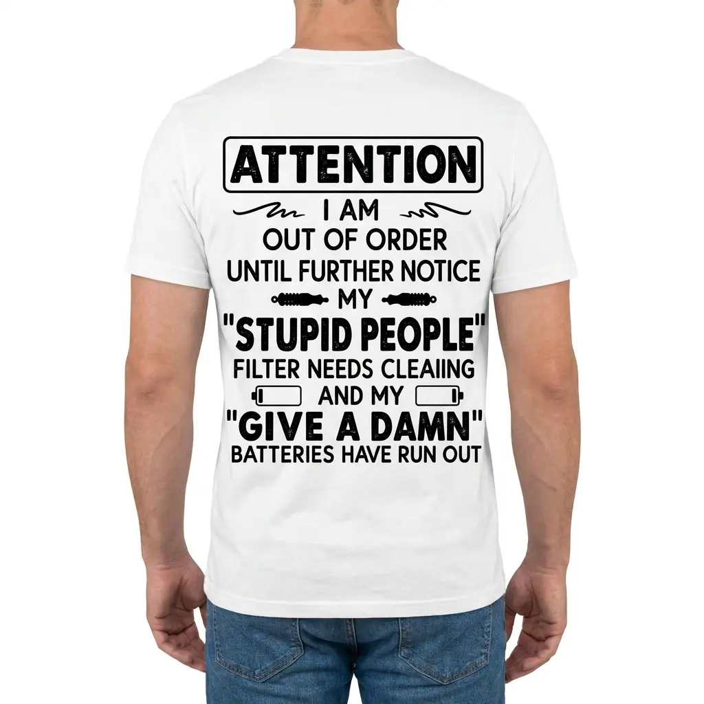 Attention I Am Out Of Order Stupid People Filter T-Shirt 4 Rear view of a man wearing the white Attention I Am Out Of Order Stupid People Filter T-Shirt