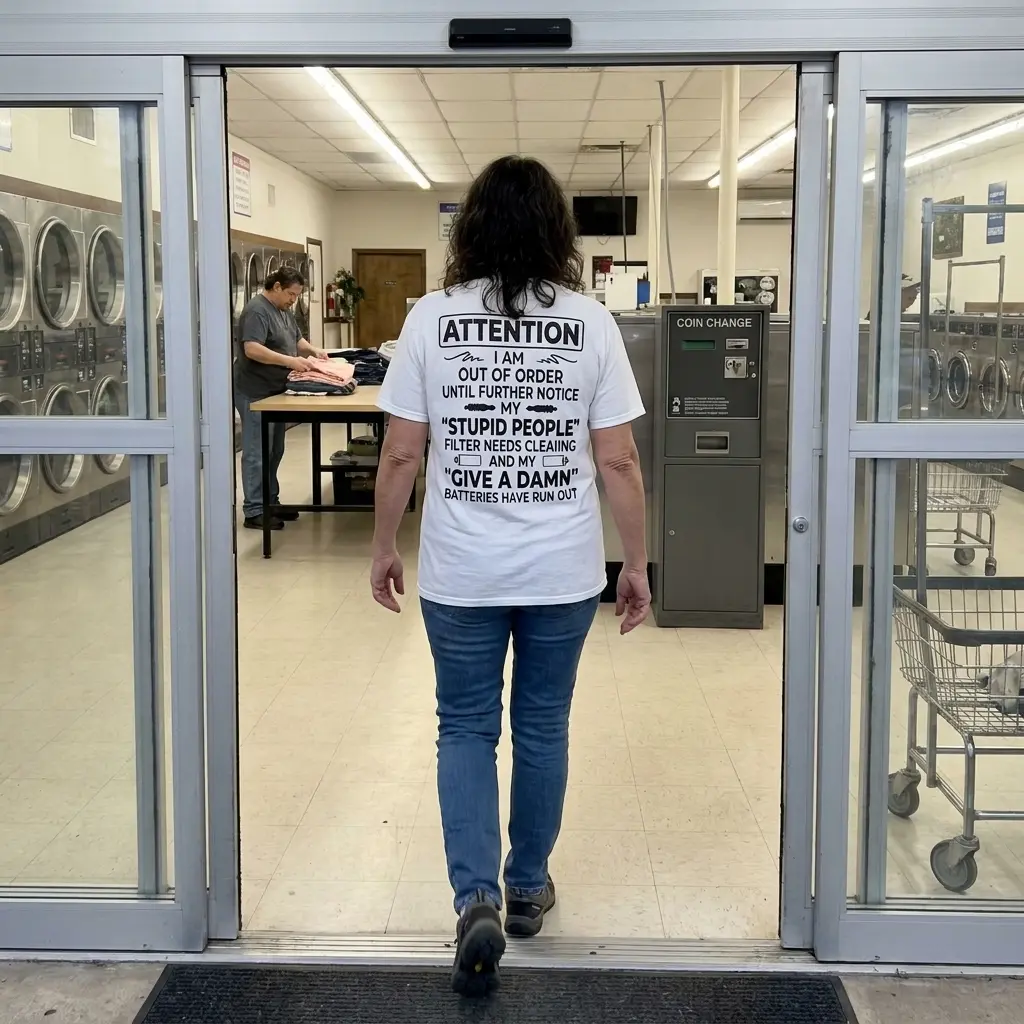 Attention I Am Out Of Order Stupid People Filter T-Shirt 5 Candid rear-angle photo of a wearer in the white Attention I Am Out Of Order Stupid People Filter T-Shirt