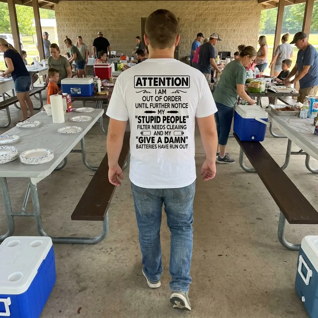 Attention I Am Out Of Order Stupid People Filter T-Shirt 6 Everyday street view showing the back print of the white Attention I Am Out Of Order sarcastic quote tee