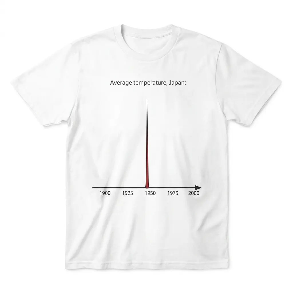 Front flatlay of a white average temperature Japan shirt with a dark humor graph design.