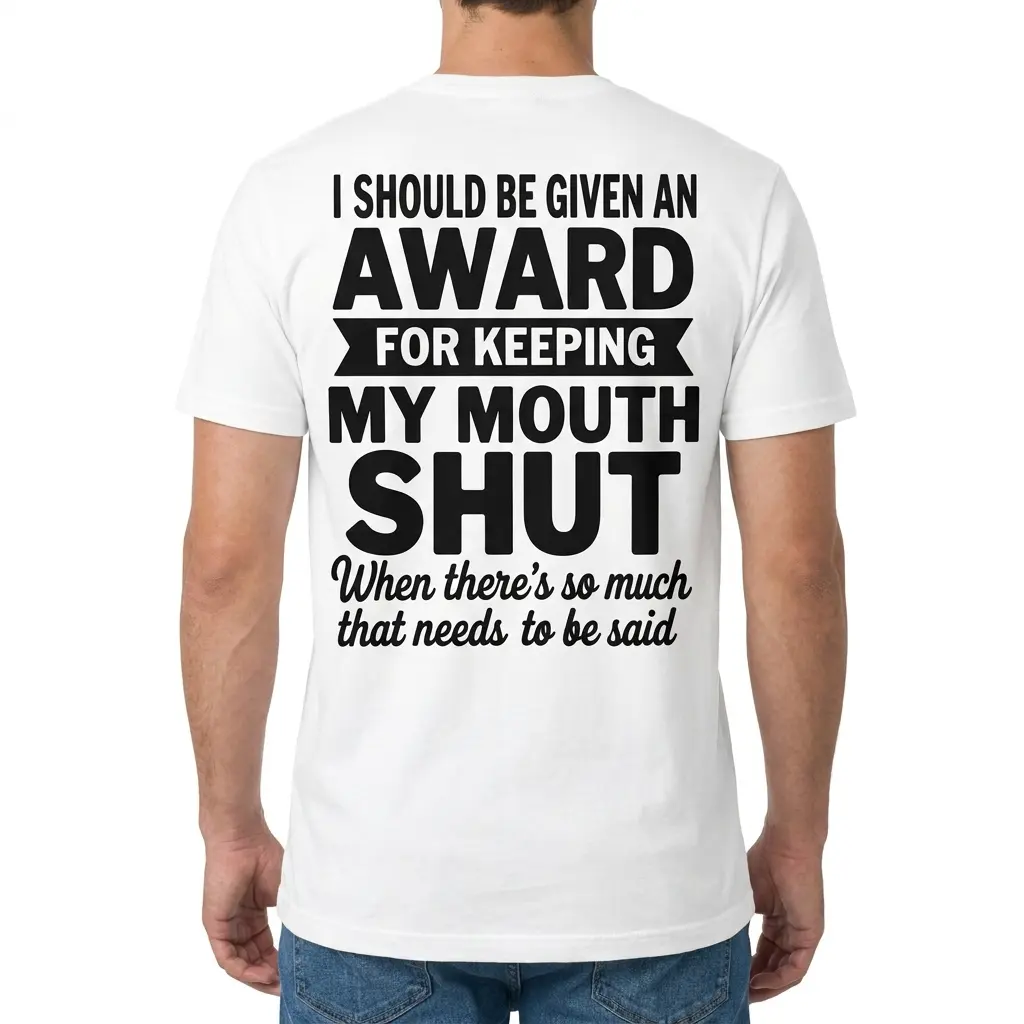 Back view of a man wearing the award for keeping my mouth shut graphic shirt.