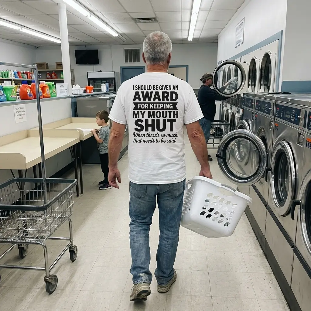 Lifestyle shot featuring the sarcastic award for keeping my mouth shut apparel in use.