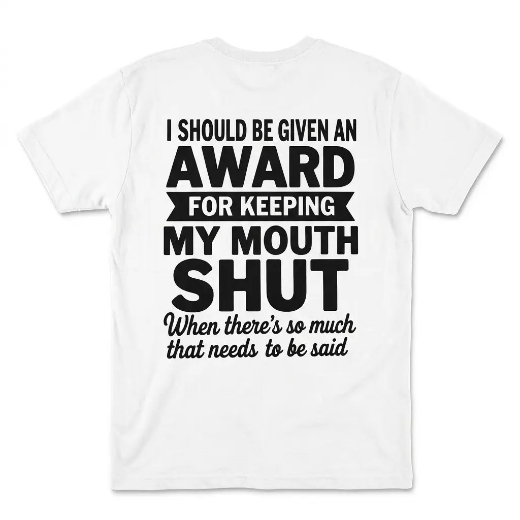 Back flat lay of a white t-shirt reading I Should Be Given An Award For Keeping My Mouth Shut.