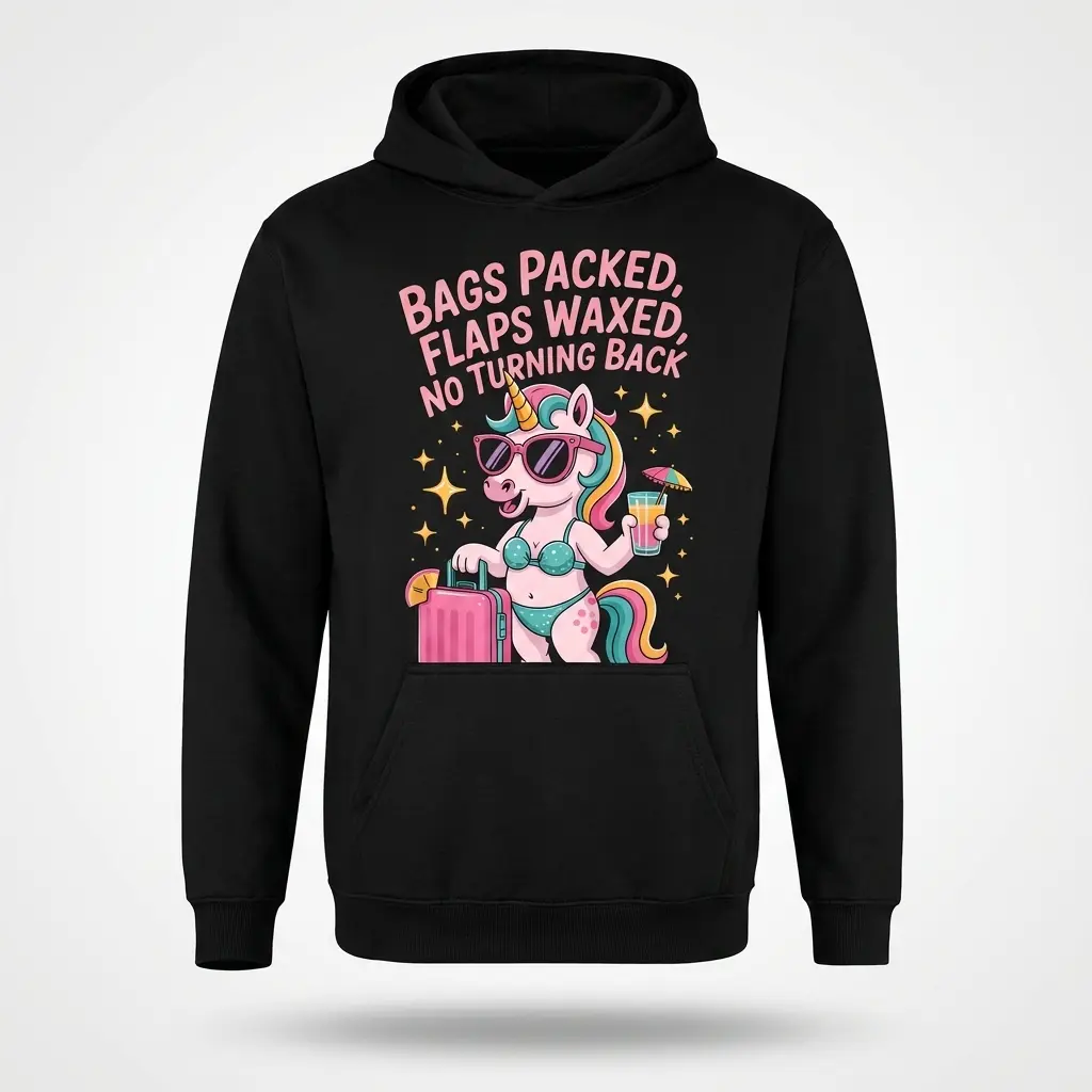 Bags Packed Flaps Waxed Funny Vacation Unicorn T-Shirt 2 Front flat lay of a hoodie featuring the Bags Packed Flaps Waxed funny vacation unicorn graphic with suitcase and drink.