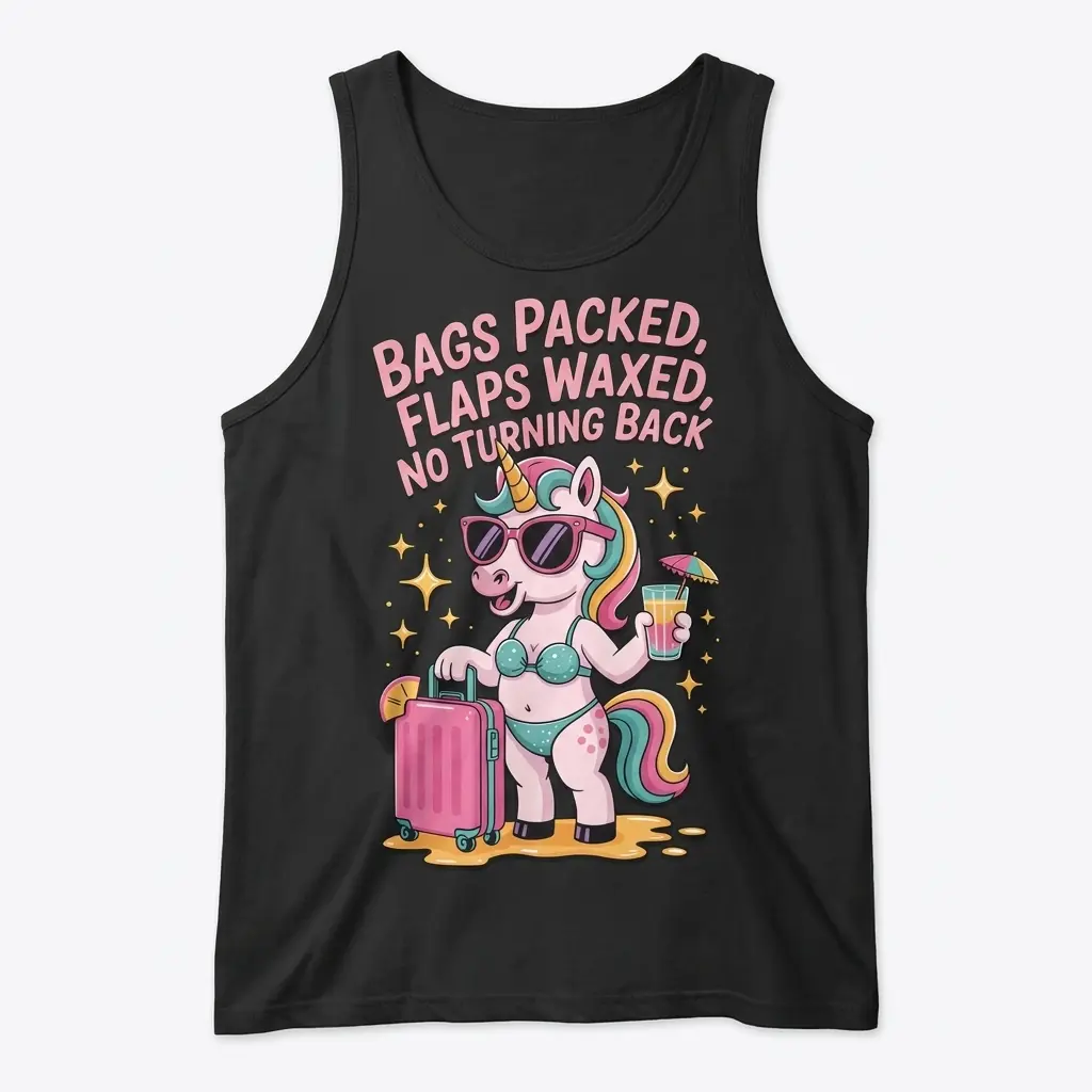 Bags Packed Flaps Waxed Funny Vacation Unicorn T-Shirt 3 Flat lay front view of a tank top printed with the humorous Bags Packed Flaps Waxed vacation unicorn illustration.