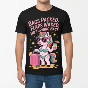 Bags Packed Flaps Waxed Funny Vacation Unicorn T-Shirt 9 Front view of a male model wearing the black vacation unicorn shirt with Bags Packed Flaps Waxed graphic.