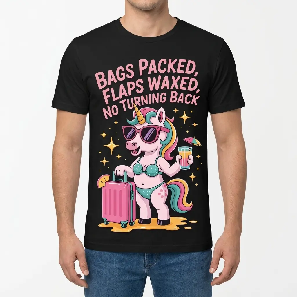 Bags Packed Flaps Waxed Funny Vacation Unicorn T-Shirt 4 Front view of a male model wearing the black vacation unicorn shirt with Bags Packed Flaps Waxed graphic.