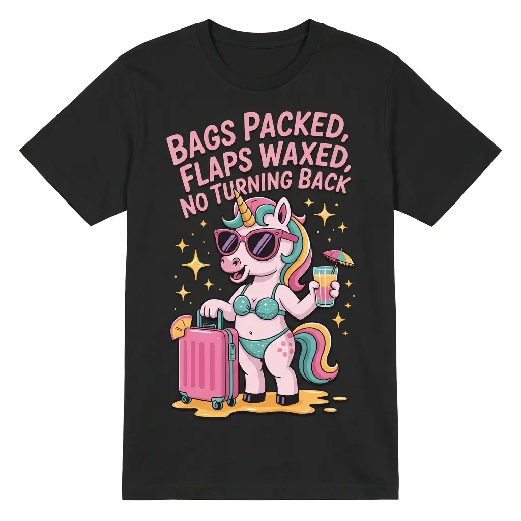Bags Packed Flaps Waxed Funny Vacation Unicorn T-Shirt 1 Front flat lay of a black vacation unicorn t-shirt with Bags Packed Flaps Waxed text and cartoon unicorn in bikini holding a suitcase and cocktail.