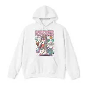 Bags Packed Flaps Waxed Vacation Unicorn T-Shirt 7 Front flat lay of a hoodie printed with a cartoon vacation unicorn rolling a suitcase under Bags Packed Flaps Waxed text.