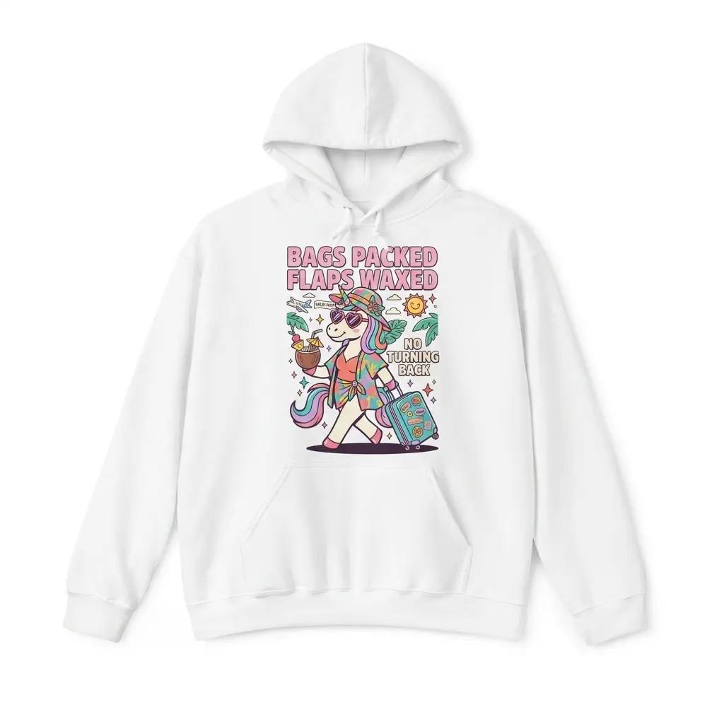 Front flat lay of a hoodie printed with a cartoon vacation unicorn rolling a suitcase under Bags Packed Flaps Waxed text.