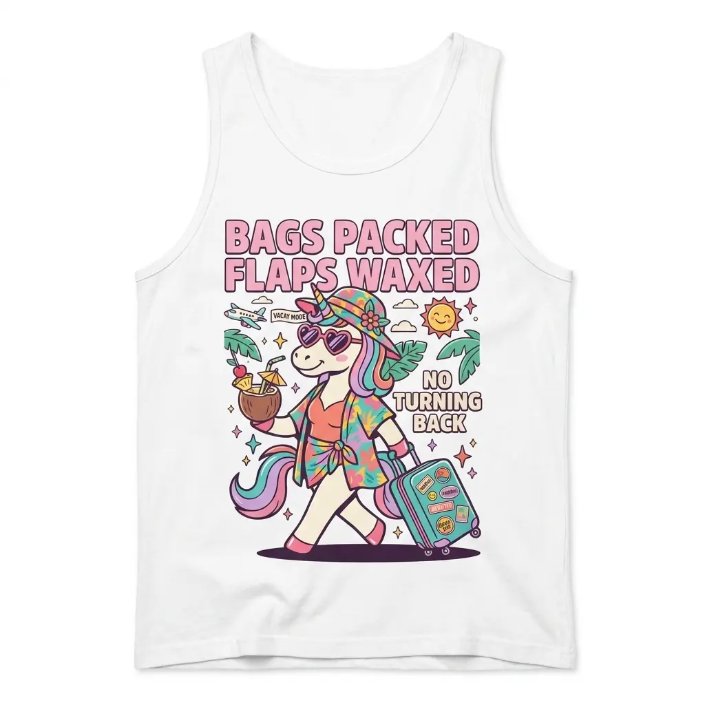 Front flat lay of a tank top featuring a tropical unicorn with sunglasses, luggage, and Bags Packed Flaps Waxed lettering.