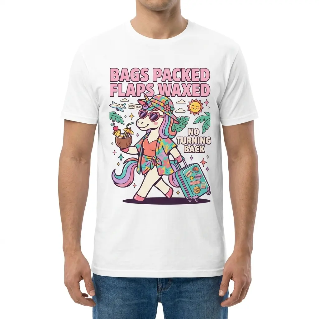 Front view of a man wearing the Bags Packed Flaps Waxed vacation unicorn graphic t-shirt.