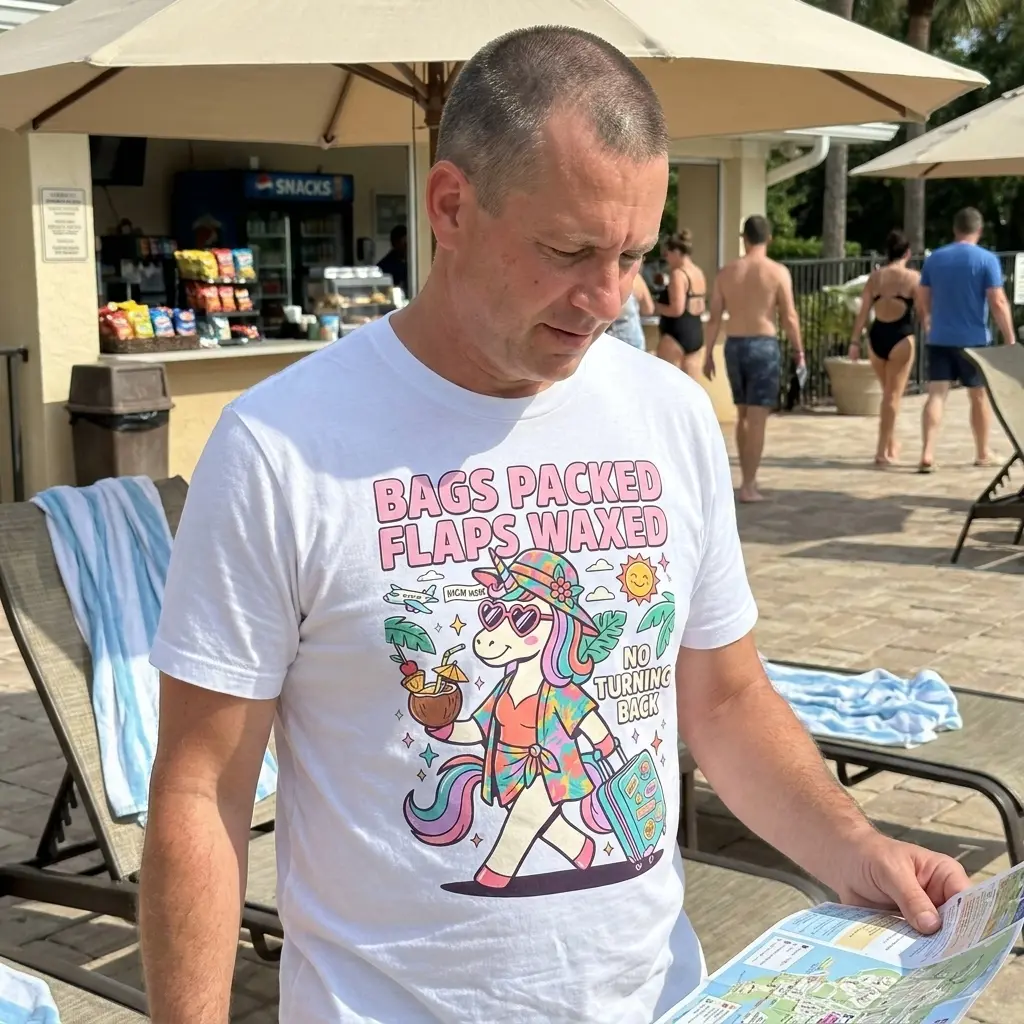 Bags packed flaps waxed shirt with vacation unicorn graphic displayed in an outdoor lifestyle scene.