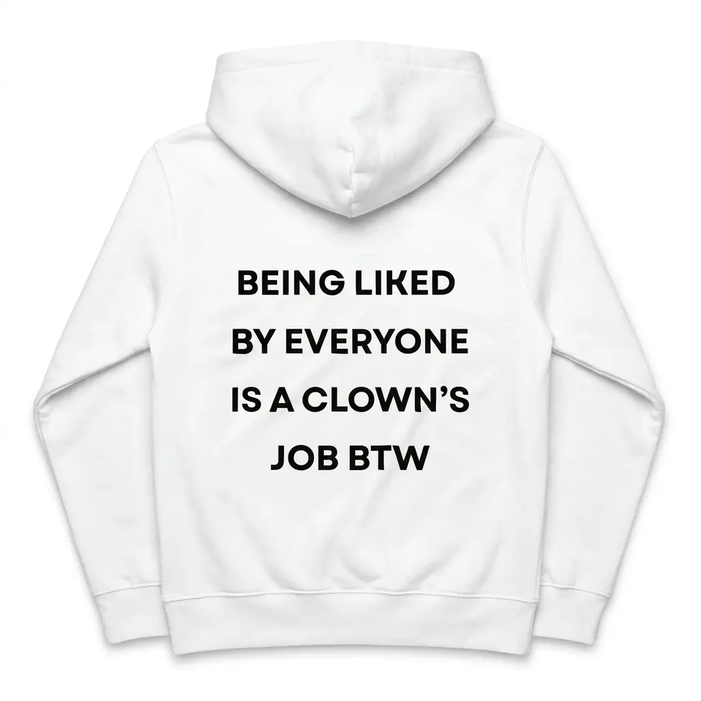 Back view flat lay of a hoodie with Being Liked By Everyone Is A Clown's Job BTW printed across the rear.
