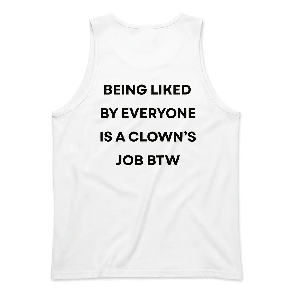 Back flat lay of a tank top printed with Being Liked By Everyone Is A Clown's Job BTW in bold black lettering.