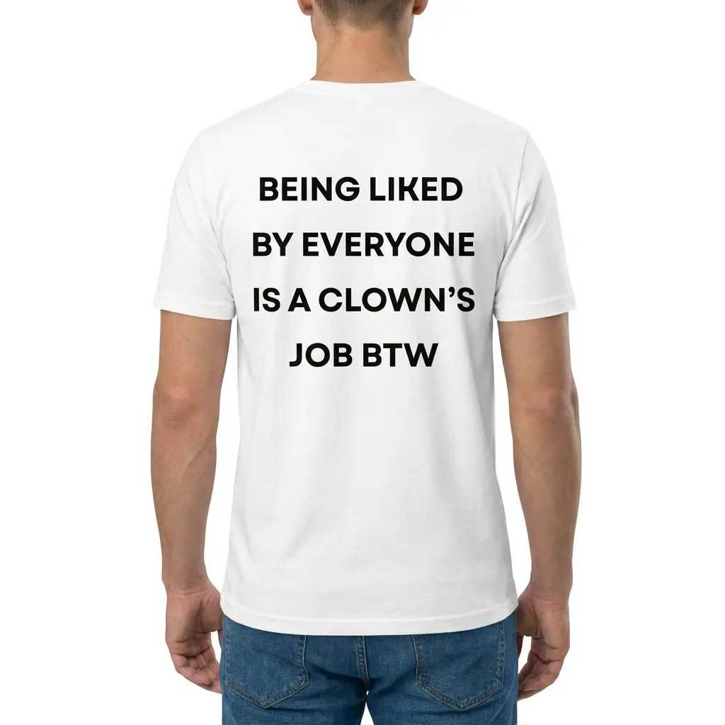 Back view of a man wearing the white Being Liked By Everyone Shirt with humorous bold text on the back.