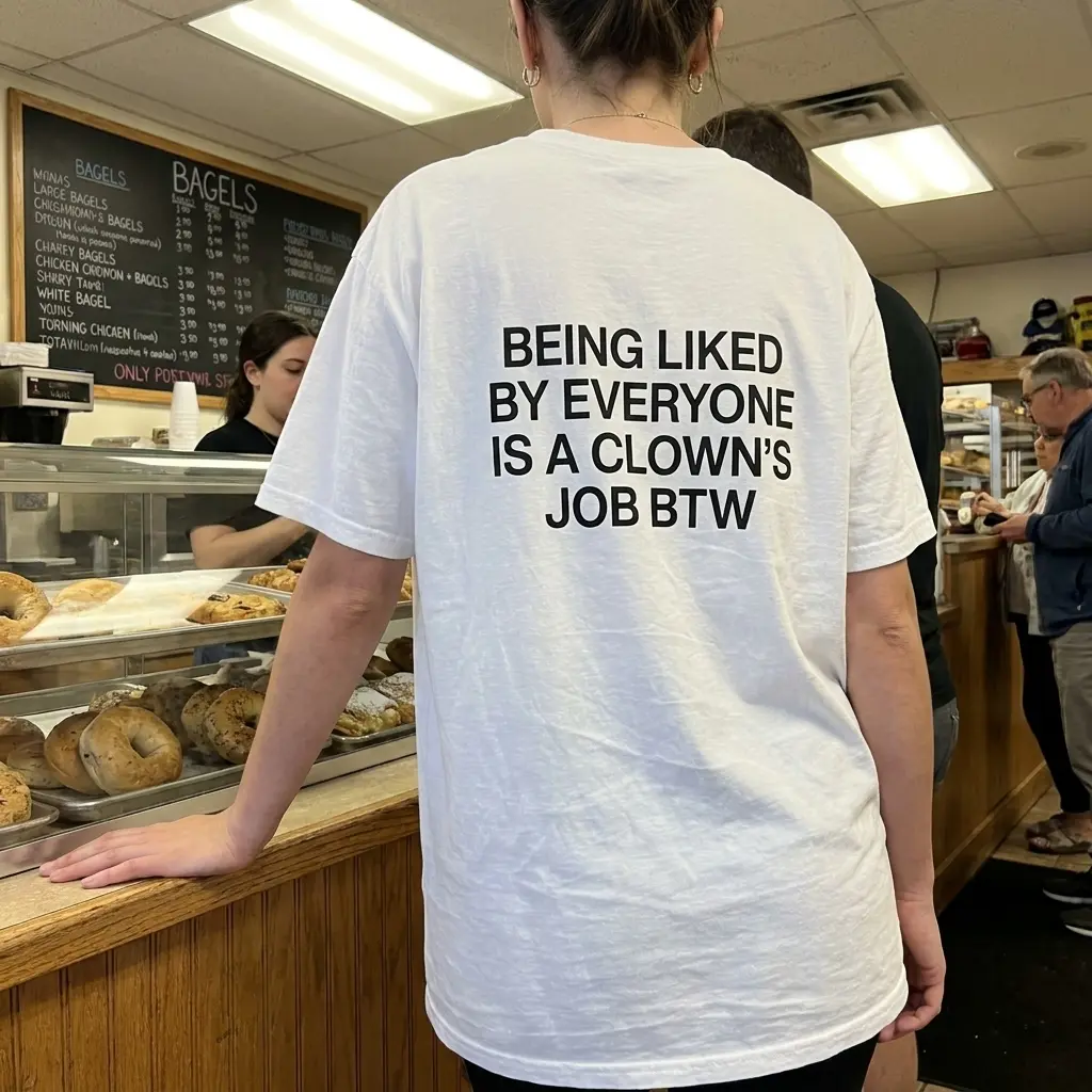 Lifestyle view showcasing the Being Liked By Everyone Is A Clown's Job BTW quote shirt in a daily setting.