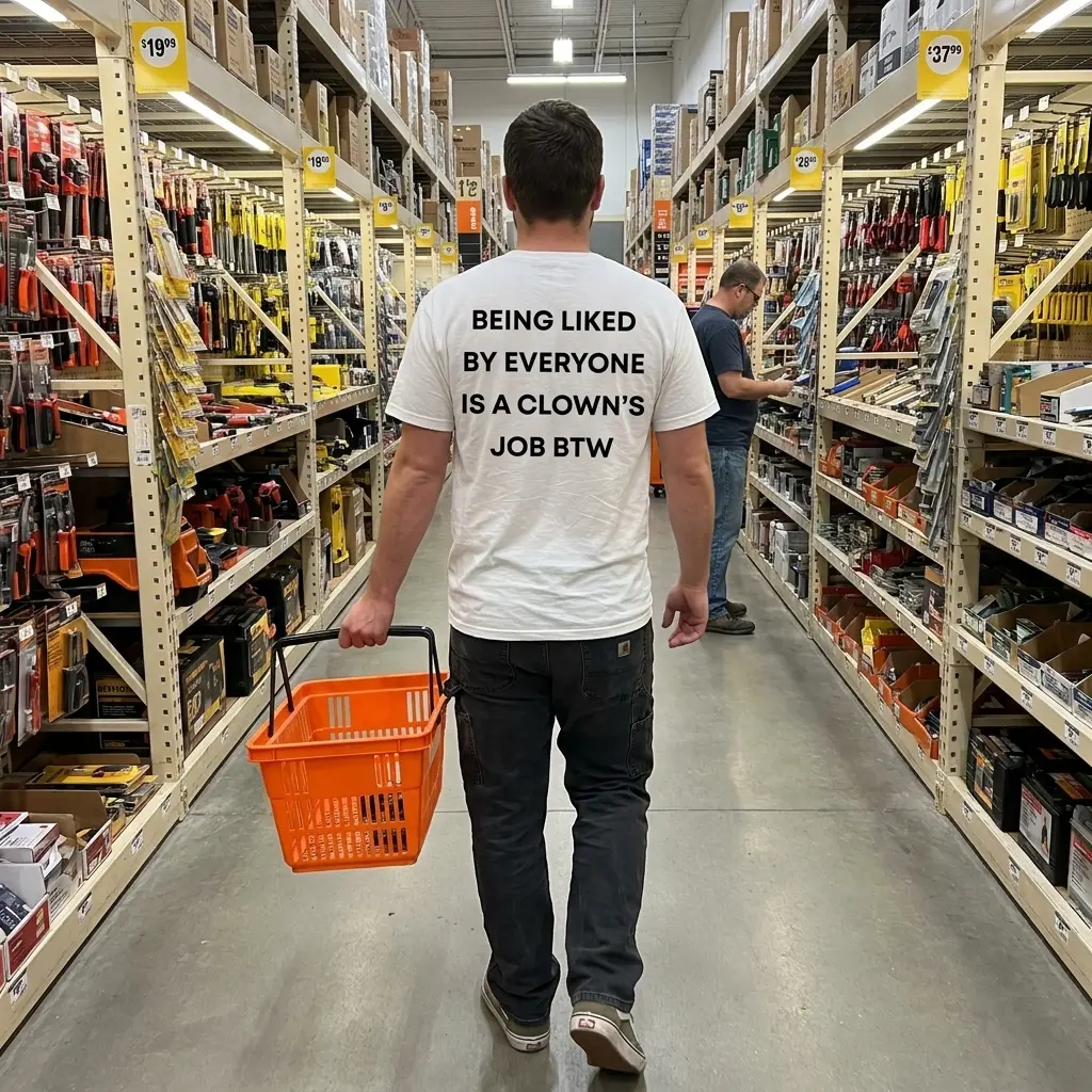 Casual lifestyle presentation highlighting the back text print of the Being Liked By Everyone t-shirt.