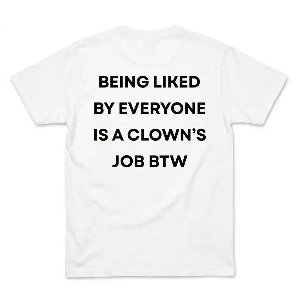 Back flat lay of a white Being Liked By Everyone Shirt featuring bold text reading Being Liked By Everyone Is A Clown's Job BTW.