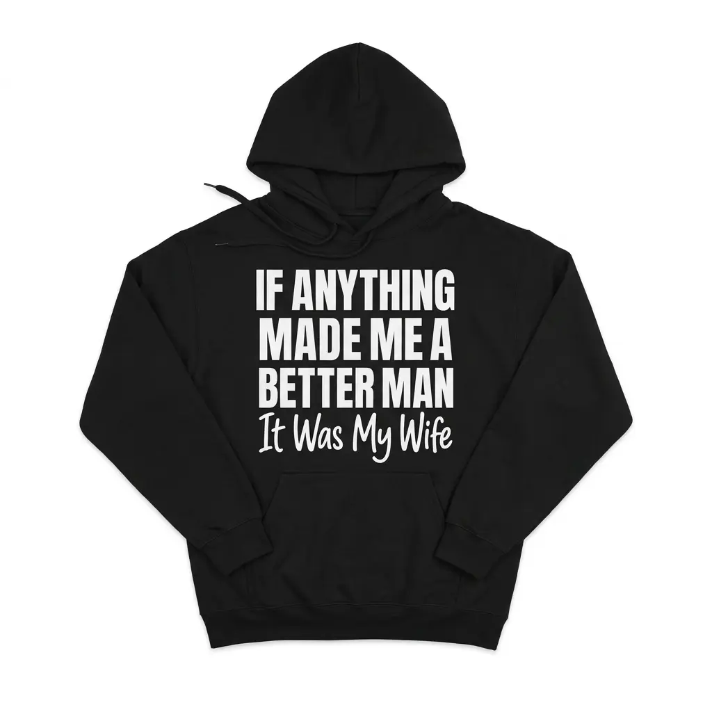 Flat-lay front view of a black hoodie featuring the If Anything Made Me A Better Man It Was My Wife graphic print