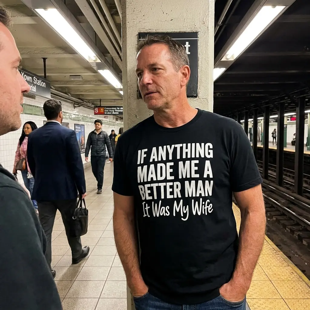 Close-up lifestyle view of the black Better Man Because Of My Wife printed t-shirt worn casually