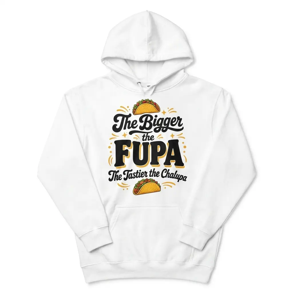 Bigger the Fupa Tastier the Chalupa Funny Taco T-Shirt 2 Front flatlay of a hoodie featuring the taco and bold text design from the Bigger the Fupa Tastier Chalupa shirt.