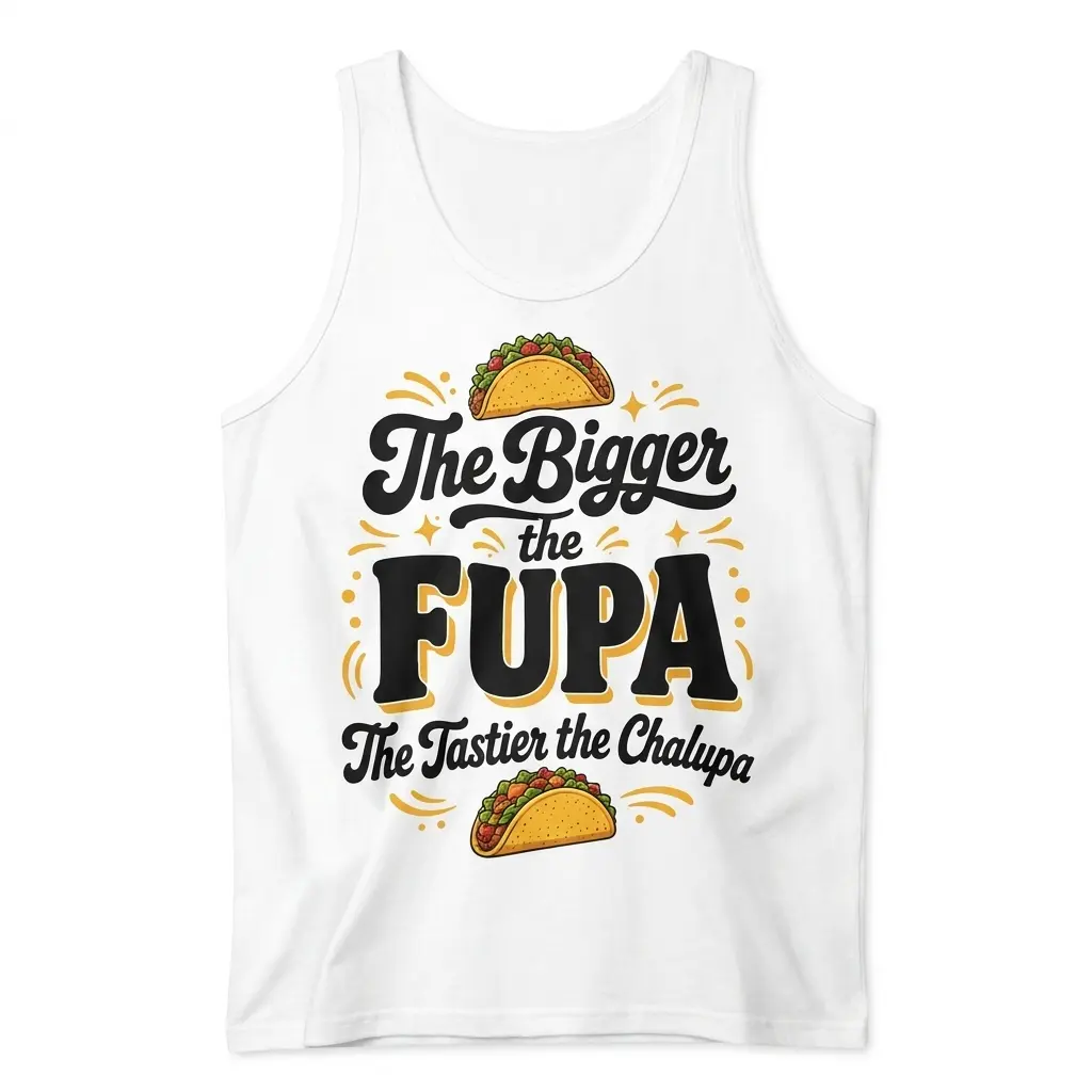 Bigger the Fupa Tastier the Chalupa Funny Taco T-Shirt 3 Front flatlay of a tank top with black lettering, yellow accents, and taco illustrations on the chest.