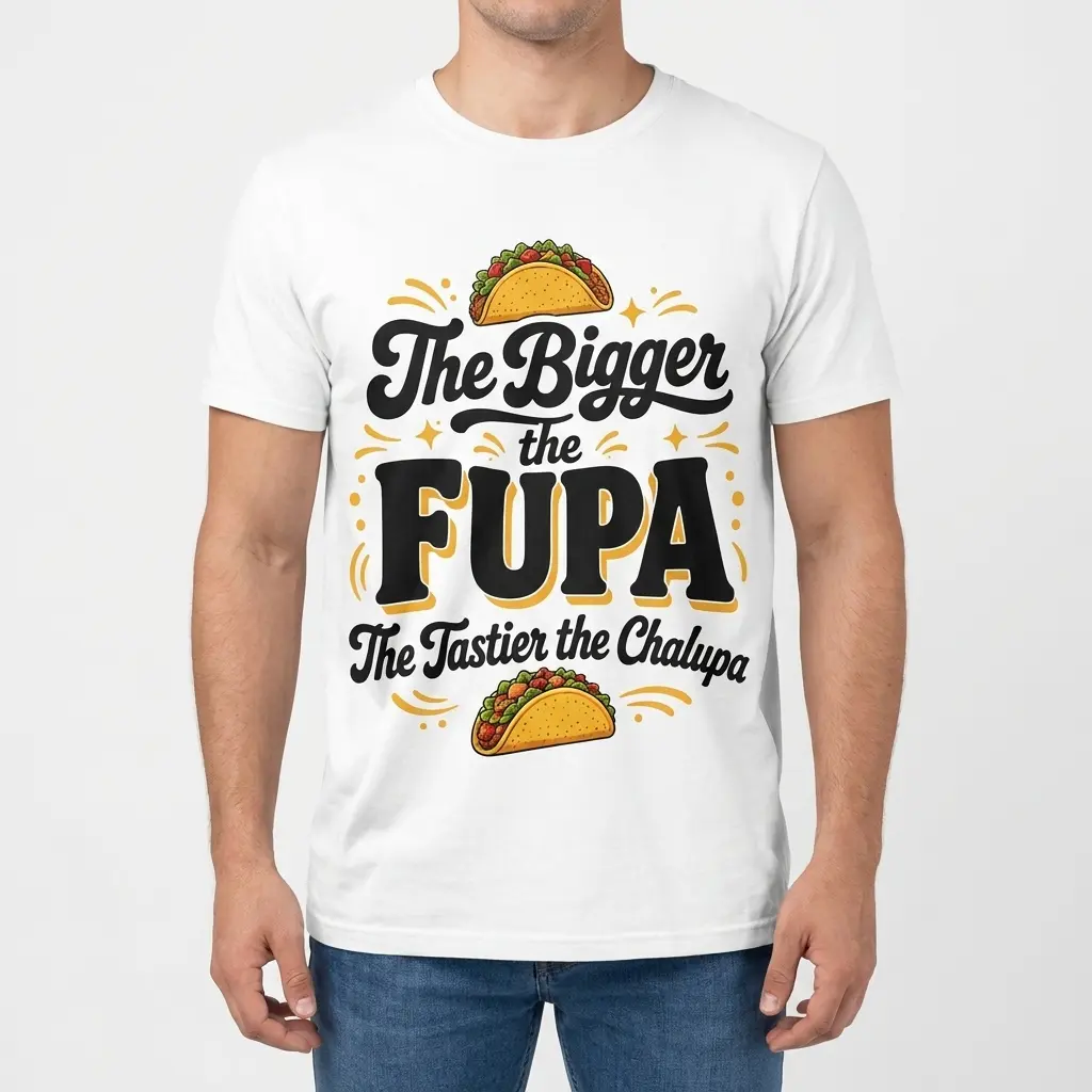 Bigger the Fupa Tastier the Chalupa Funny Taco T-Shirt 4 Man modeling the front of the funny taco shirt with the Bigger the Fupa Tastier the Chalupa design.