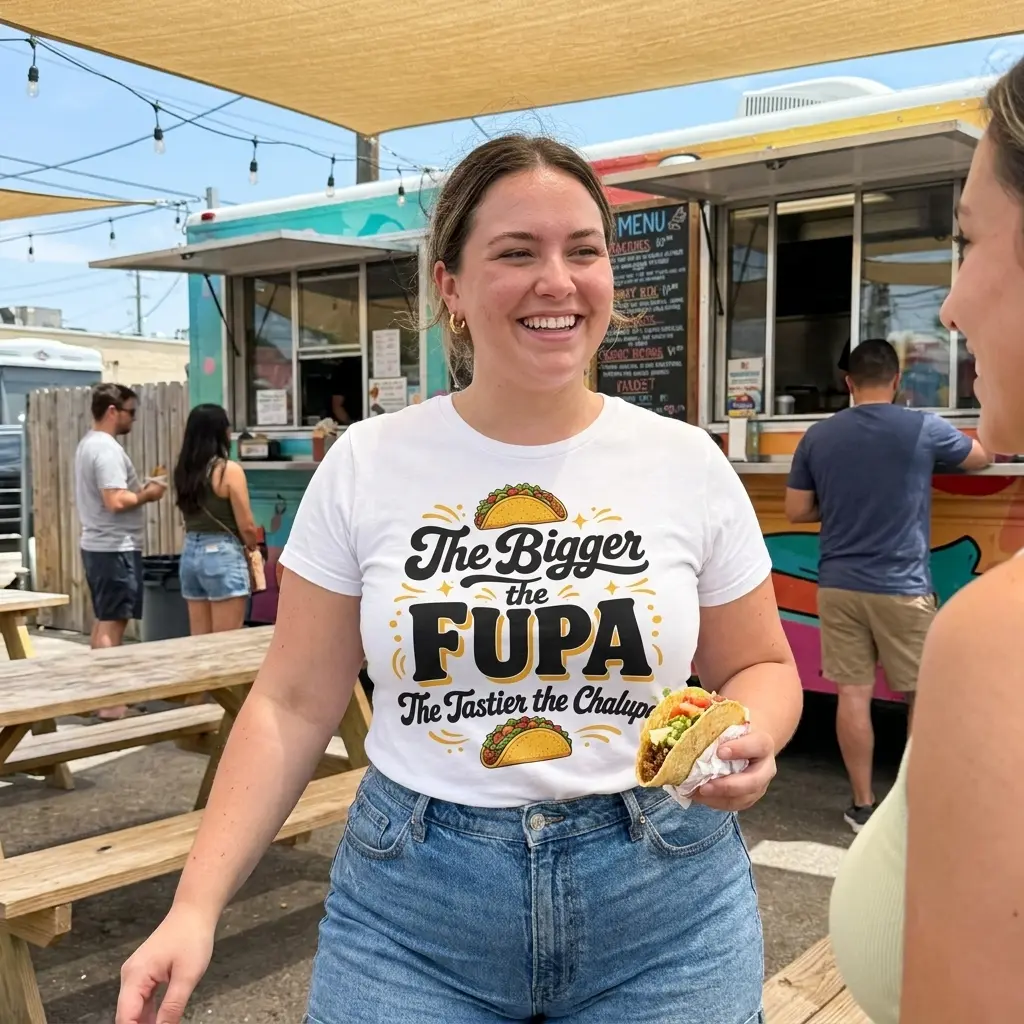 Bigger the Fupa Tastier the Chalupa Funny Taco T-Shirt 5 Lifestyle view of the taco-themed Bigger the Fupa Tastier the Chalupa shirt design in use.