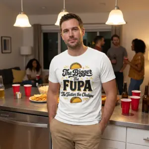 Bigger the Fupa Tastier the Chalupa Funny Taco T-Shirt 11 Lifestyle display of the humorous taco text design for the Bigger the Fupa Tastier the Chalupa shirt.